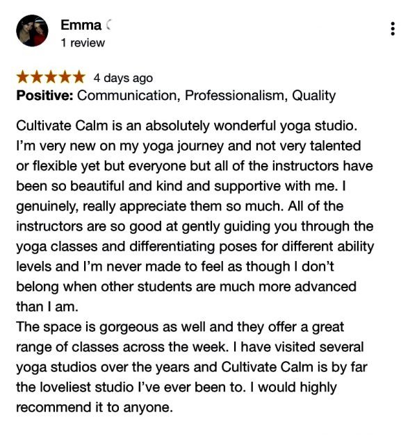 5 Star Testimonial for Cultivate Calm Yoga
