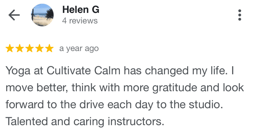 Helen test 5 star review for Cultivate Calm Yoga Brisbane and how their classes are life changing
